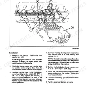 New Holland 1089, 1095 fuel injection line installation diagram and torque specifications for engine fuel system.