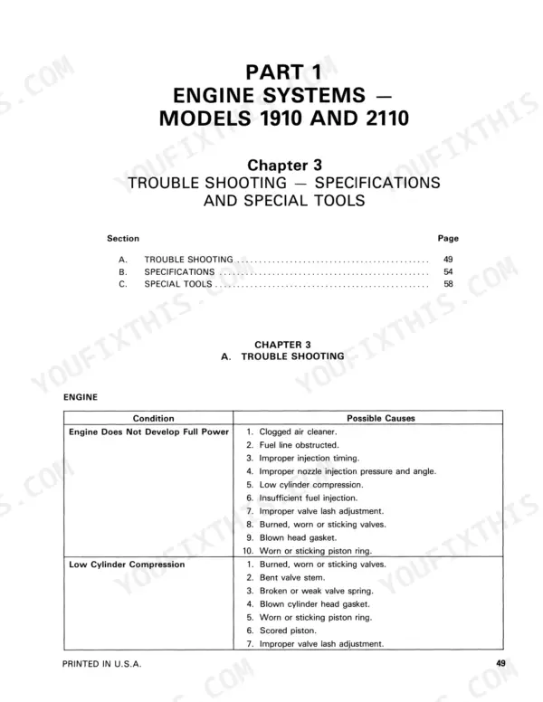 Ford 1910, 2110 engine troubleshooting table listing causes for low power and low cylinder compression issues.