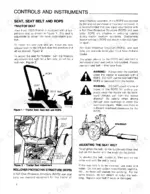 7169b5cc-b-controls-8 Ford 1620 operator manual page showing tractor seat, ROPS, seat belt adjustment procedures, and drawbar safety warnings.