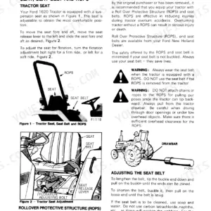 Ford 1620 operator manual page showing tractor seat, ROPS, seat belt adjustment procedures, and drawbar safety warnings.