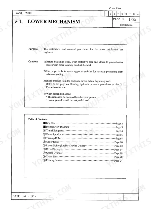 Link-belt 2650Q, 2700Q lower mechanism section table of contents and safety procedures for crawler components.