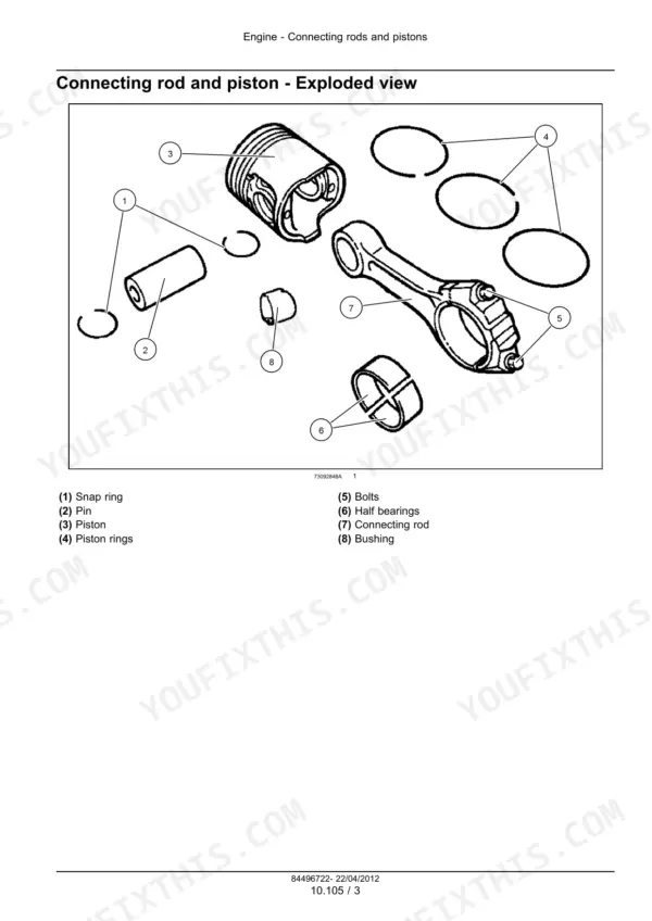 New Holland F5 Series exploded view of engine connecting rod and piston.