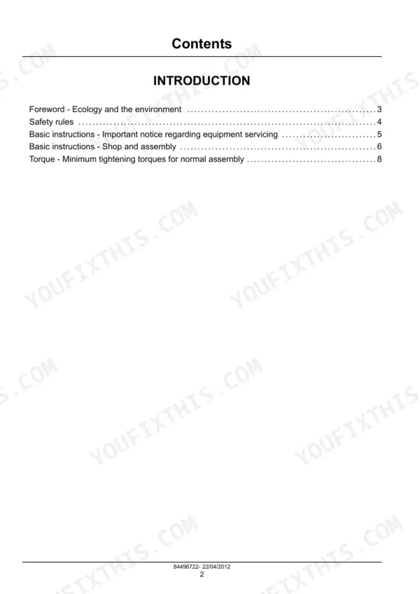 New Holland F5 Series service manual contents page for introduction.