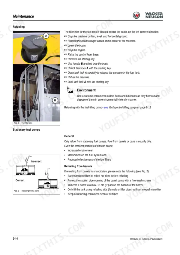Wacker Neuson EZ53 maintenance manual page showing refueling procedures, fuel tank cap location, and barrel refueling guidelines.