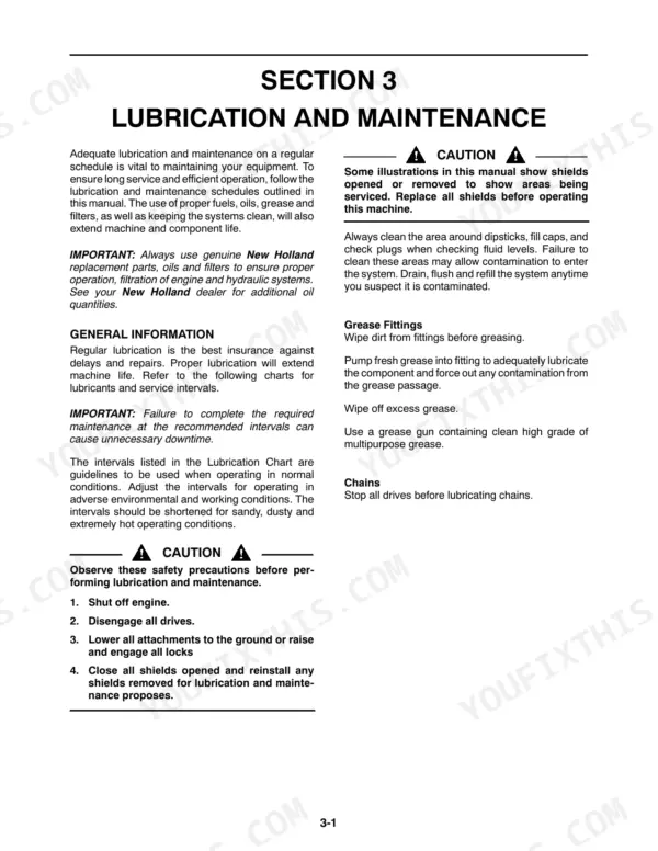 New Holland TC48DA, TC55DA lubrication and maintenance safety procedures, grease fitting instructions, and general service guidelines.