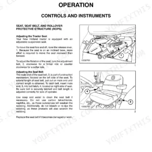 New Holland TC48DA, TC55DA operator manual page for adjusting the tractor seat suspension and seat belt operation.