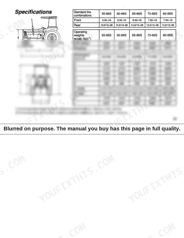 New Holland 55-66S, 60-66S, 65-66S, 70-66S, 80-66S, 70-66 HC, 80-66 HC specifications table for tire, weight, and dimensions.