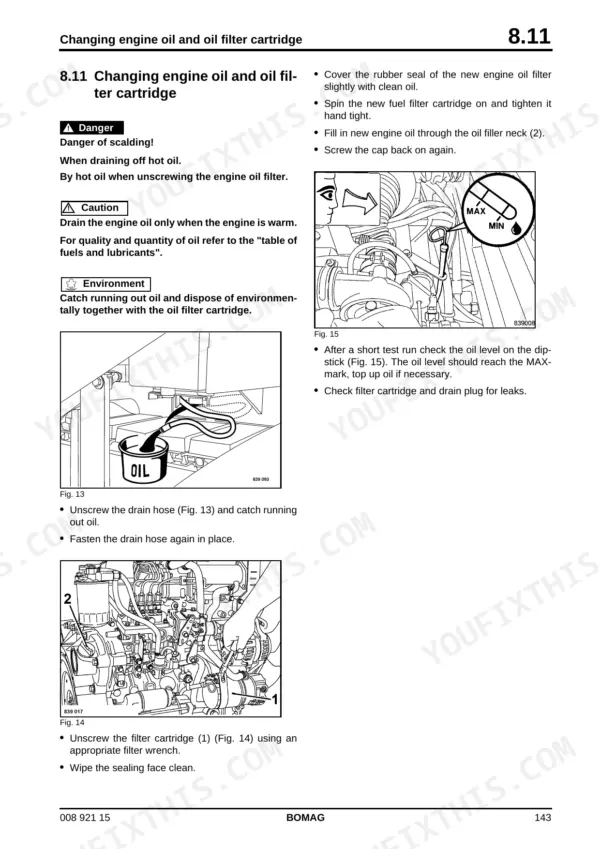 Bomag BF 300 P service manual procedure for changing engine oil and oil filter cartridge with diagrams of drain hose and dipstick.