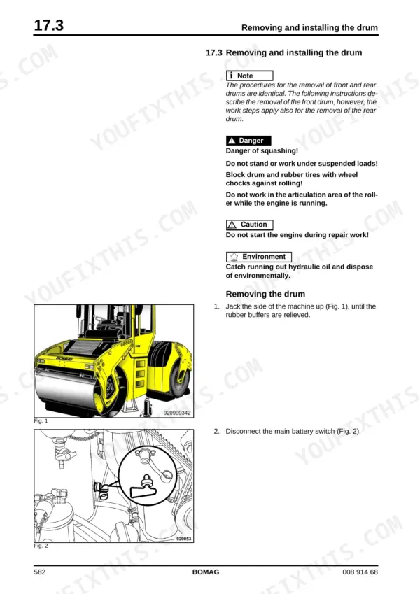 Bomag BW 190 AD-4, BW 202 AD-4, BW 203 AD-4 drum removal procedure, safety instructions, and battery switch location diagrams.