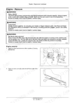 7be3c990-b2-procedures-42 New Holland Boomer 24 engine removal procedure, battery terminal disconnection, and radiator drain cock location diagrams.