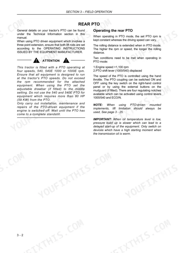 New Holland T7510, T7520, T7530, T7540, T7550 rear PTO operating instructions and safety procedures.