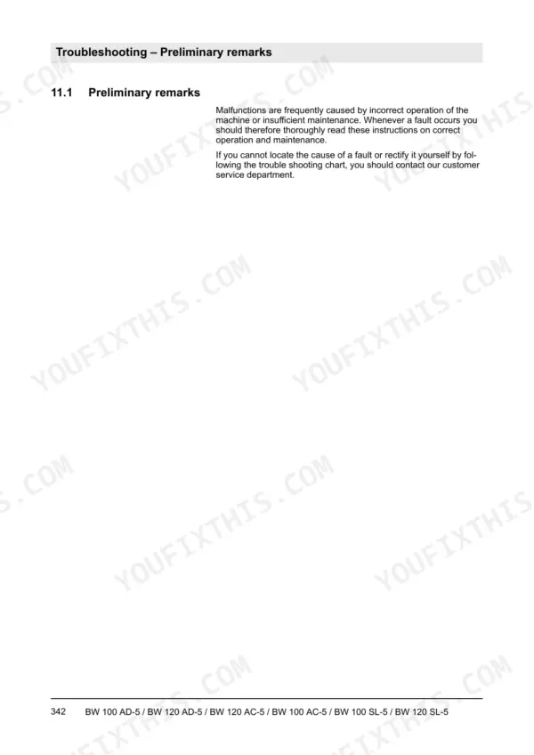 Bomag BW 100 AD-5, BW 120 AD-5, BW 120 AC-5, BW 100 AC-5, BW 100 SL-5, BW 120 SL-5 troubleshooting preliminary remarks page.