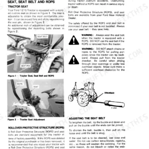 Ford 1215 manual page showing tractor seat, seat belt, ROPS components, and drawbar safety instructions.