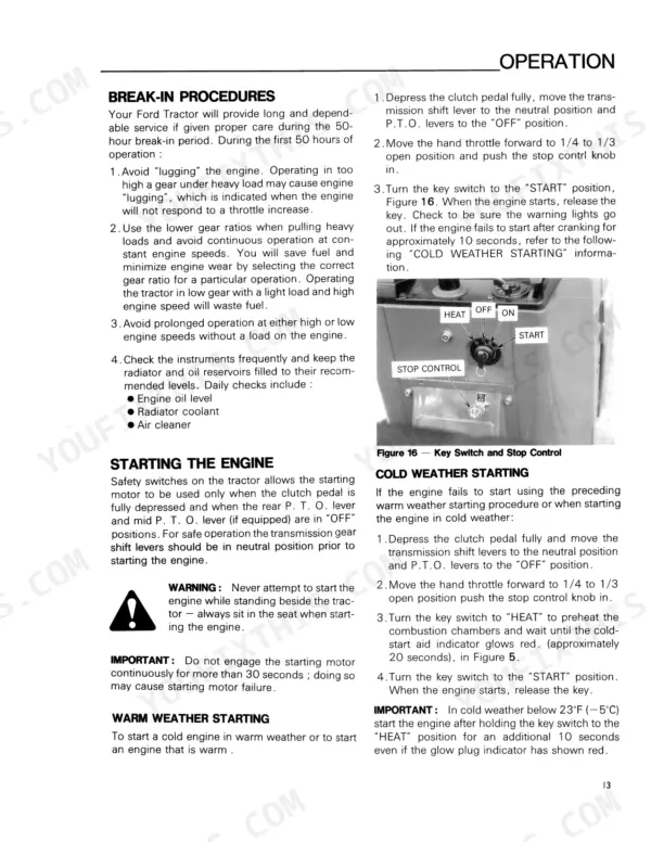 Ford 1215 operator manual page showing engine break-in, starting procedures, and key switch diagram for cold weather starting.