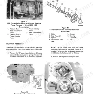 New Holland 1920, 2120 engine systems: HSS pump, camshaft gear, timing cover removal, and oil pump drive gear diagrams.