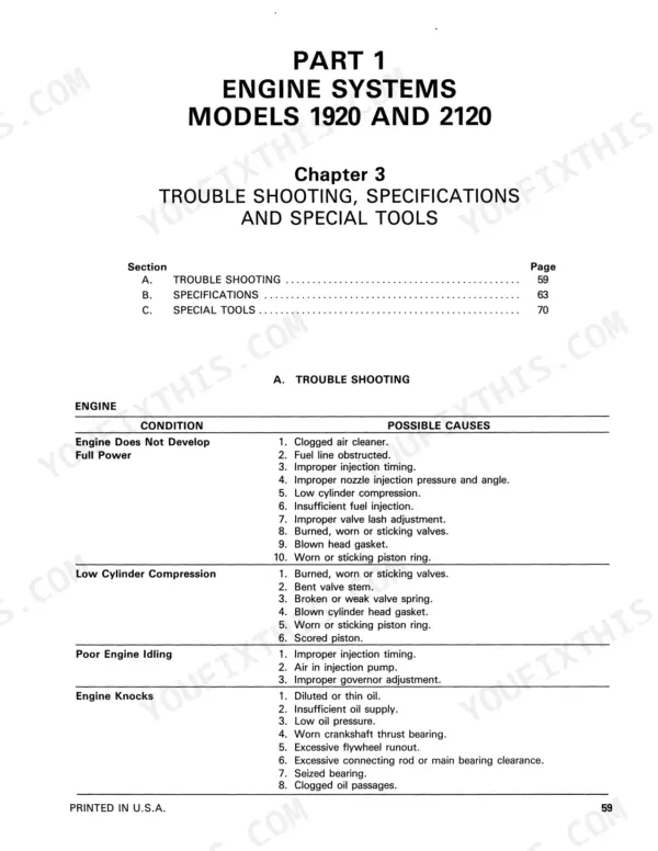 New Holland 1920, 2120 engine troubleshooting table listing causes for low power, compression, idling issues, and engine knocks.