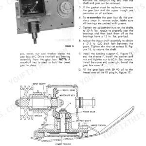 New Holland 438 gear box output shaft removal and assembly procedures with cross-section diagram of bevel and pinion gears.