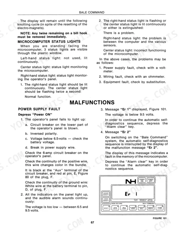 New Holland D 1000 Bale Command microcomputer status lights, power supply fault troubleshooting, and Er 1 error code procedures.