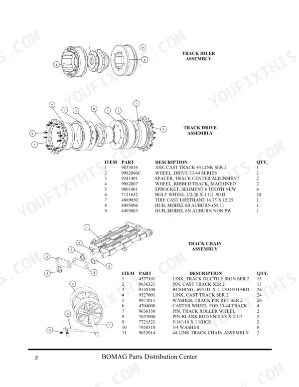 Bomag 3313 exploded view of track idler, track drive, and track chain assemblies with parts lists and item numbers.