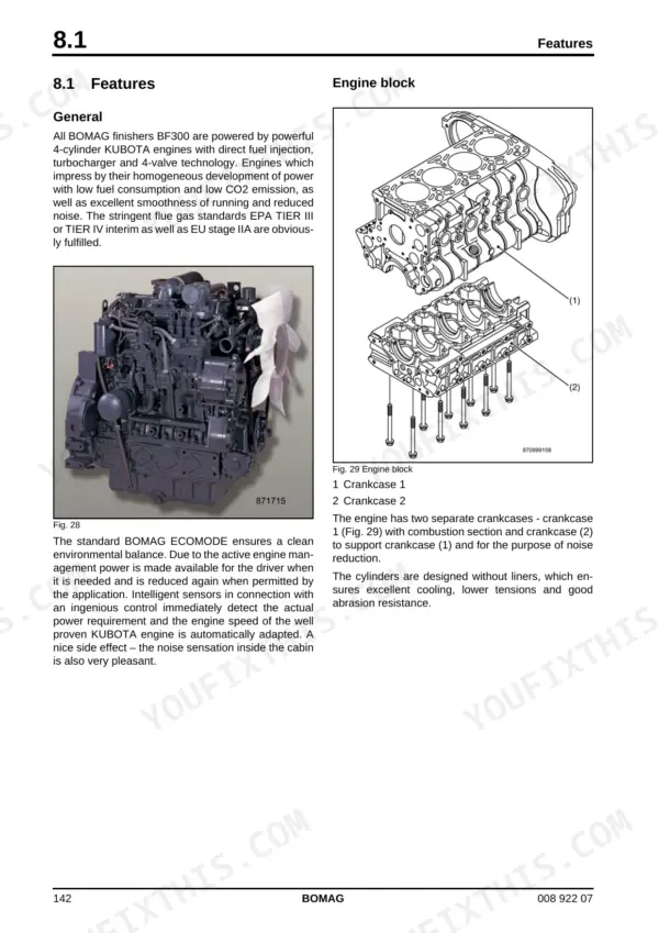 Bomag BF 300 C service training manual — engine features: Kubota engine photo and exploded engine block drawing with crankcases