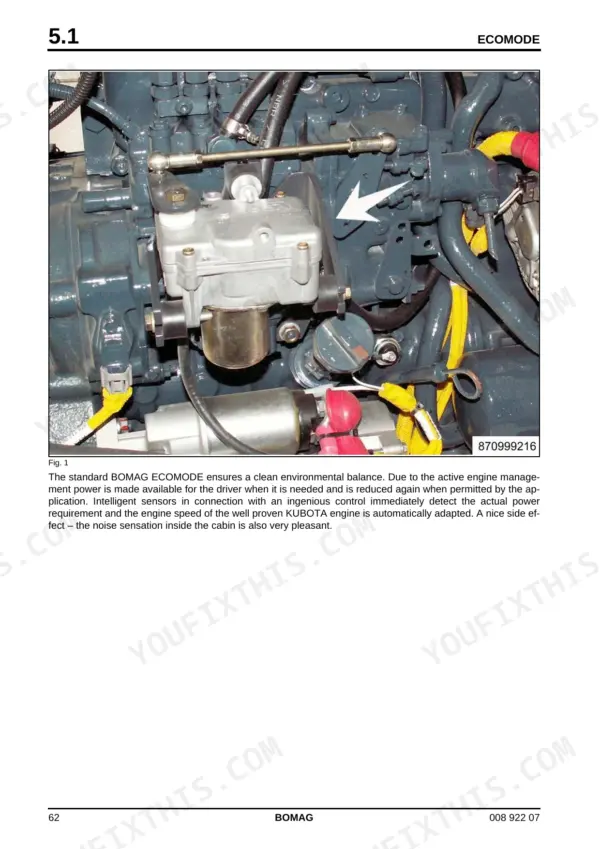 Bomag BF 300 C service training manual — Ecomode section: photo of the engine management actuator on the Kubota engine