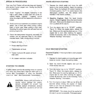 Ford 2610, 3610, 4110, 4610, 2310 break-in, warm and cold weather starting procedures, and engine operation safety instructions.