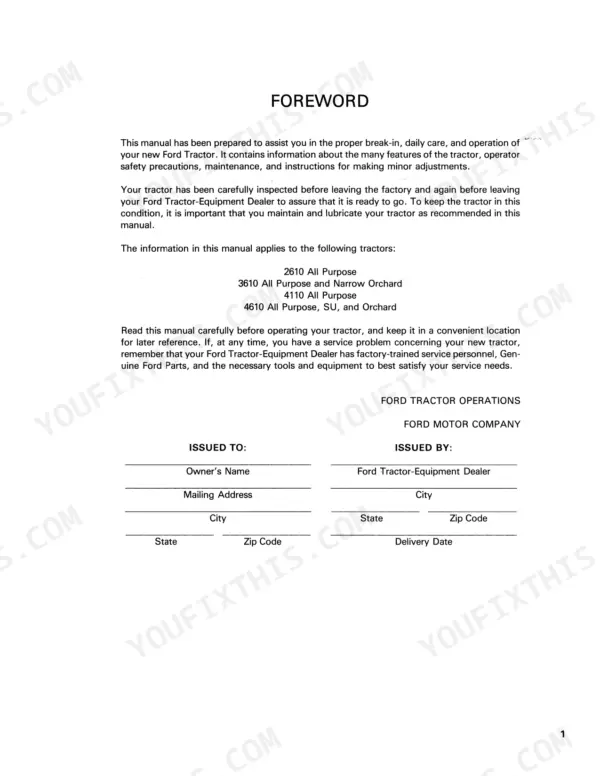 Ford 2610, 3610, 4110, 4610, 2310 tractor operator manual foreword page with owner and dealer information fields.