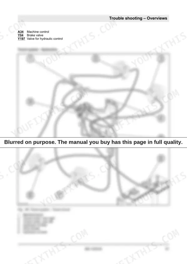 Bomag BM 1000/30 travel system hydraulic circuit diagram showing travel motors, manifold block, flow divider, and oil tank.