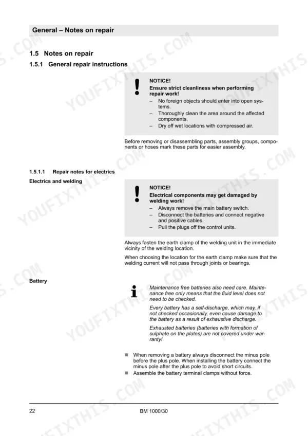 Bomag BM 1000/30 service manual page 22: general repair instructions, electrical welding precautions, and battery maintenance procedures.