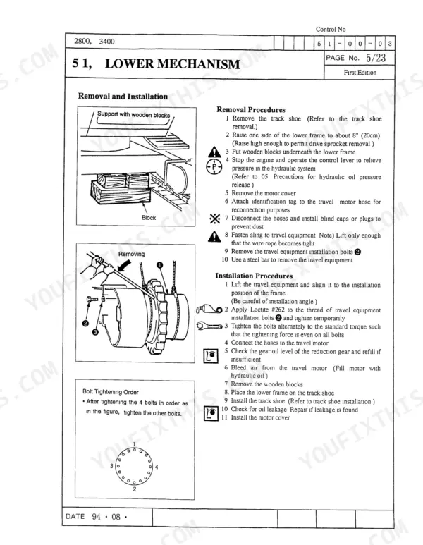 Link-belt 2800, 3400 lower mechanism removal and installation procedures, travel motor diagrams, and bolt tightening order.