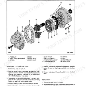 Ford CL-35, CL-45 hydraulic pump exploded view diagram, disassembly and inspection procedures for gears, seals, and plates.