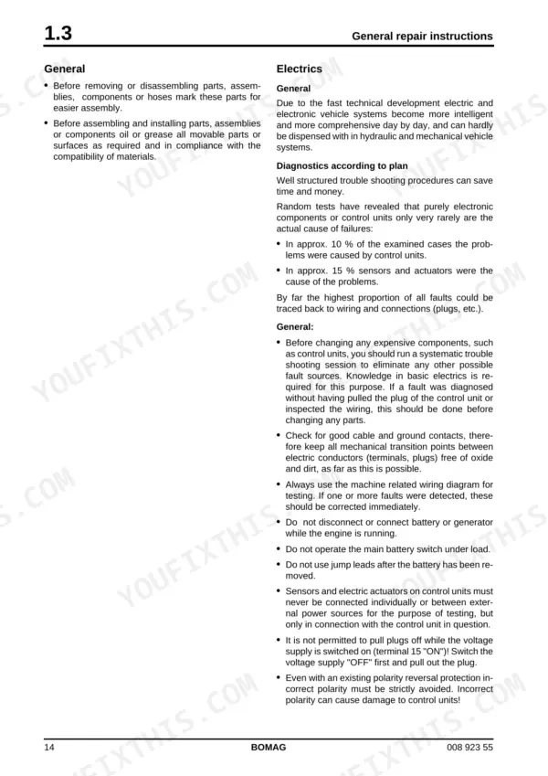 Bomag BC 462 RB, BC 472 RB, BC 472 RS, BC 462 EB general repair and electrical diagnostics safety procedures manual page.