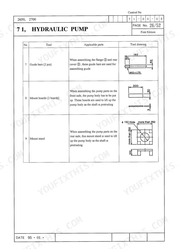 Link-belt 2650Q, 2700Q hydraulic pump service tools table showing guide bars, mount boards, and mount stand dimensions.