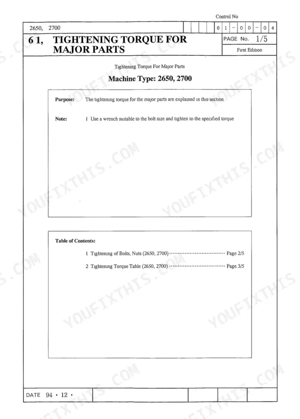 Link-belt 2650Q, 2700Q manual page showing table of contents for major parts tightening torque specifications.
