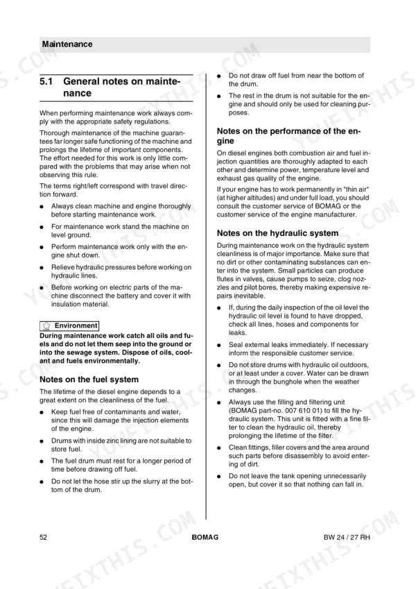 Bomag BW 24 RH, BW 27 RH, BW 24/27 RH maintenance manual page 52 covering general notes, fuel, engine, and hydraulic systems.