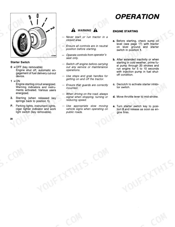 Fiat 70-90, 80-90 operator manual page showing engine starting procedures and starter switch positions.