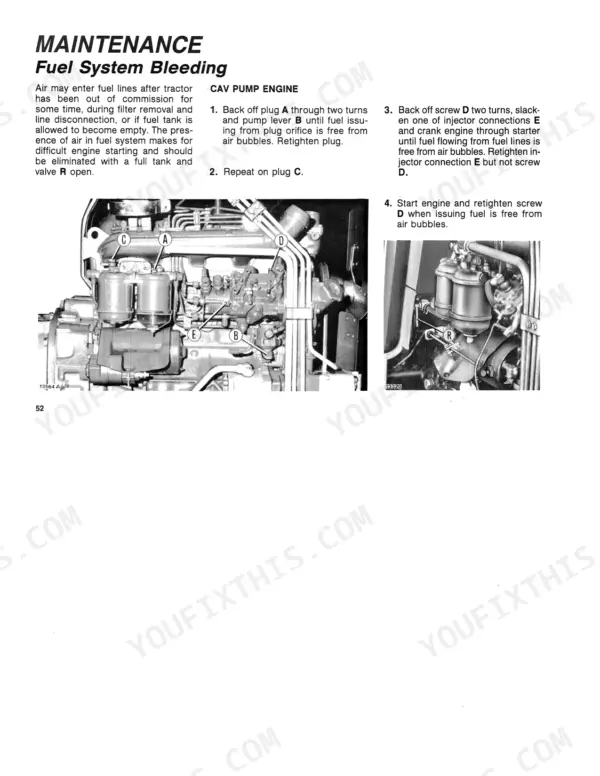 Fiat 70-90, 80-90 fuel system bleeding procedure with CAV pump engine photos and component labels.