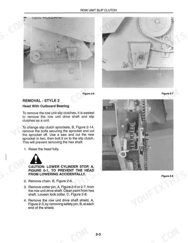 New Holland 974 row unit slip clutch removal procedure, showing drive shaft, sprocket, and bearing components in figures 2-6 to 2-8.