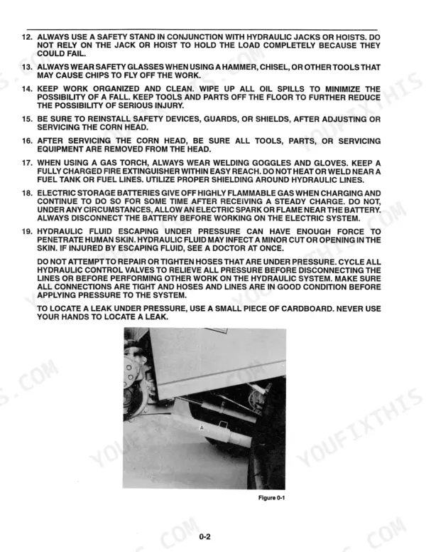 New Holland 974 service manual safety instructions for corn head maintenance and hydraulic system operation with Figure 0-1.