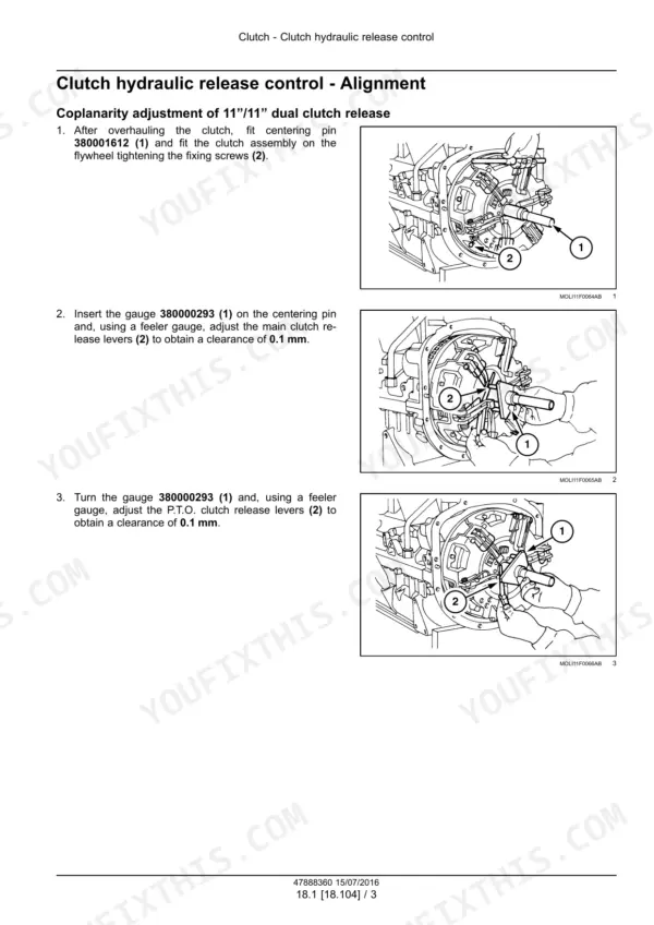 New Holland T4.75F-T4.105LP service manual — clutch hydraulic release control and coplanarity adjustment of the 11 inch dual clutch