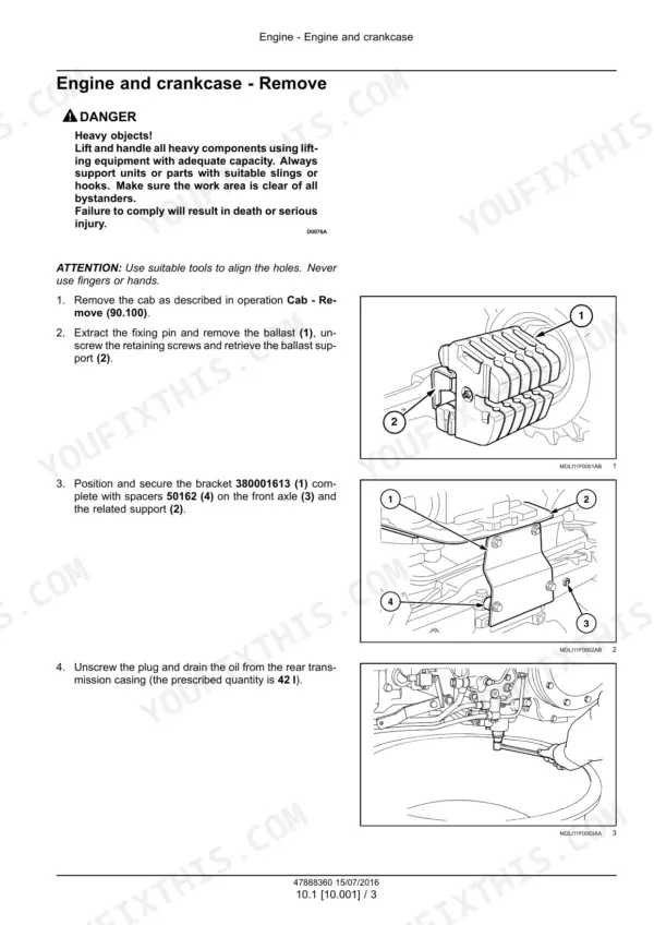 New Holland T4.75F-T4.105LP service manual — engine removal safety precautions and lifting warnings