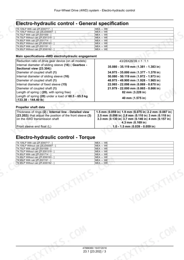 New Holland T4.75F-T4.105LP service manual — four-wheel drive electro-hydraulic control, general specification