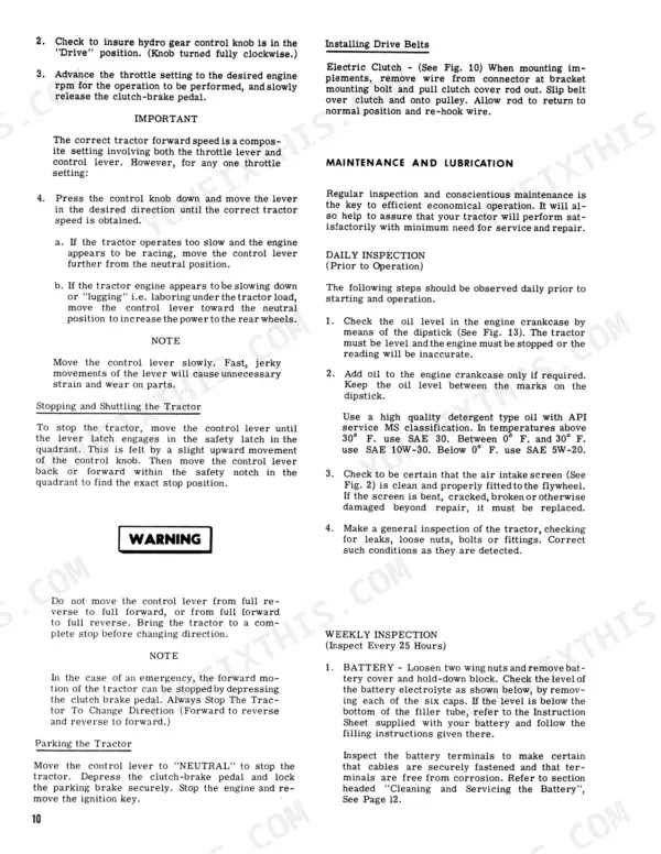 Ford 140 operator manual page covering drive belt installation, tractor operation, daily inspection, and weekly maintenance.