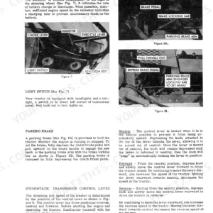 Ford 140 operator manual showing ammeter, light switch, parking brake operation, and hydrostatic transmission control lever.