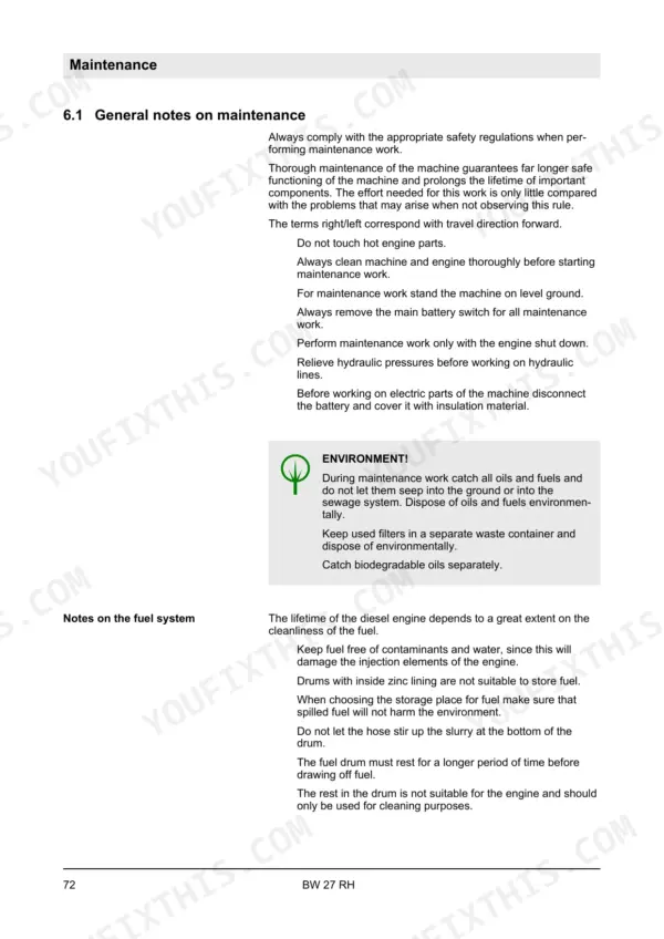 Bomag BW 27 RH maintenance manual page 72 covering general maintenance safety notes and fuel system handling procedures.