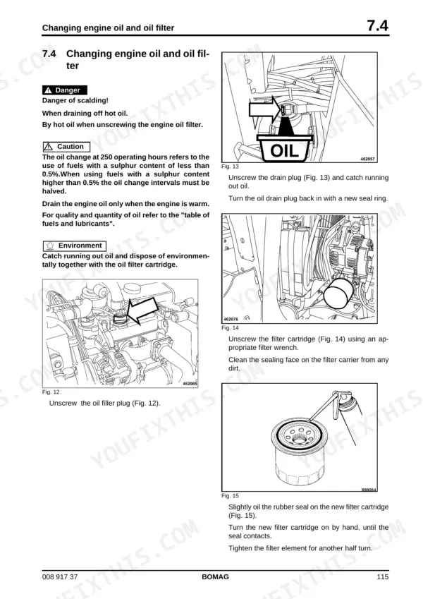 Bomag BW 80 AD-5 to 100 SCC-5 service manual: engine oil and filter change procedure with diagrams for draining and replacement.