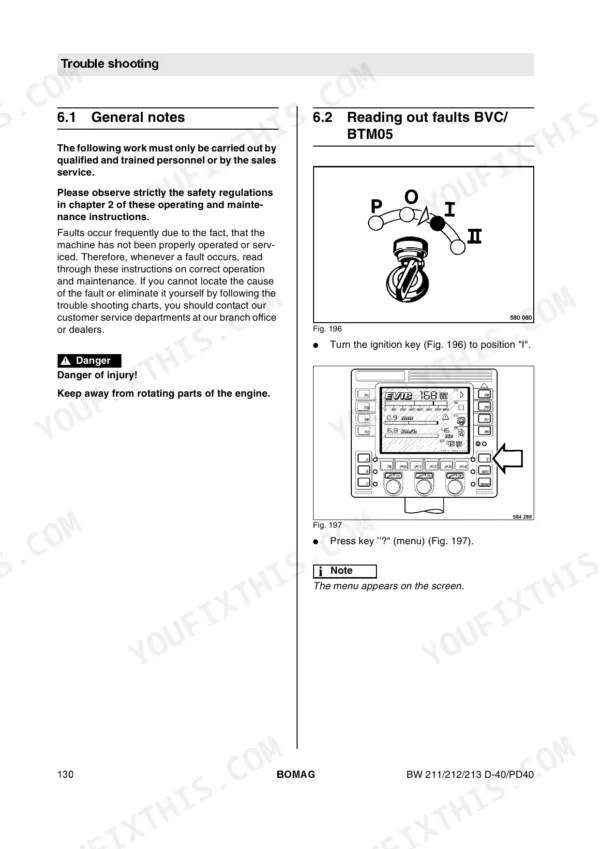 Bomag BW 211 D-40, BW 212 D-40, BW 213 D-40, BW 211 PD-40, BW 212 PD-40, BW 213 PD-40 troubleshooting guide for BVC/BTM05 fault reading.