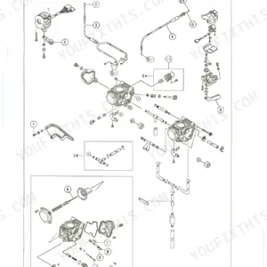 Kawasaki KVF700-A1, KVF700-B1, Prairie 700 4x4, KVF 700 4x4 fuel system exploded view diagram showing carburetor components and cables.