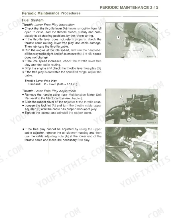 Kawasaki KVF700-A1, KVF700-B1, Prairie 700 4x4, KVF 700 4x4 throttle lever free play inspection and adjustment procedures.