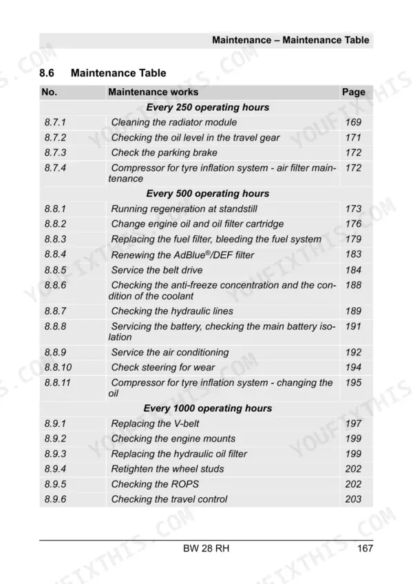 Bomag BW 28 RH maintenance table listing service tasks for 250, 500, and 1000 operating hour intervals.